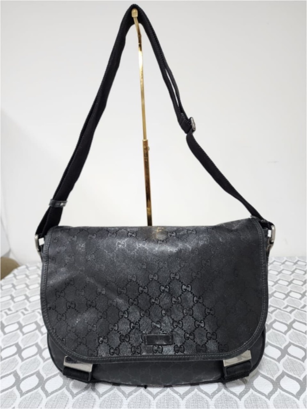Authentic GUCCI Imprime Monogram Medium Double Buckle Flap Messenger Bag Black